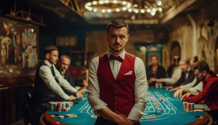 Live dealer studio with multi-camera setup showing roulette and blackjack tables